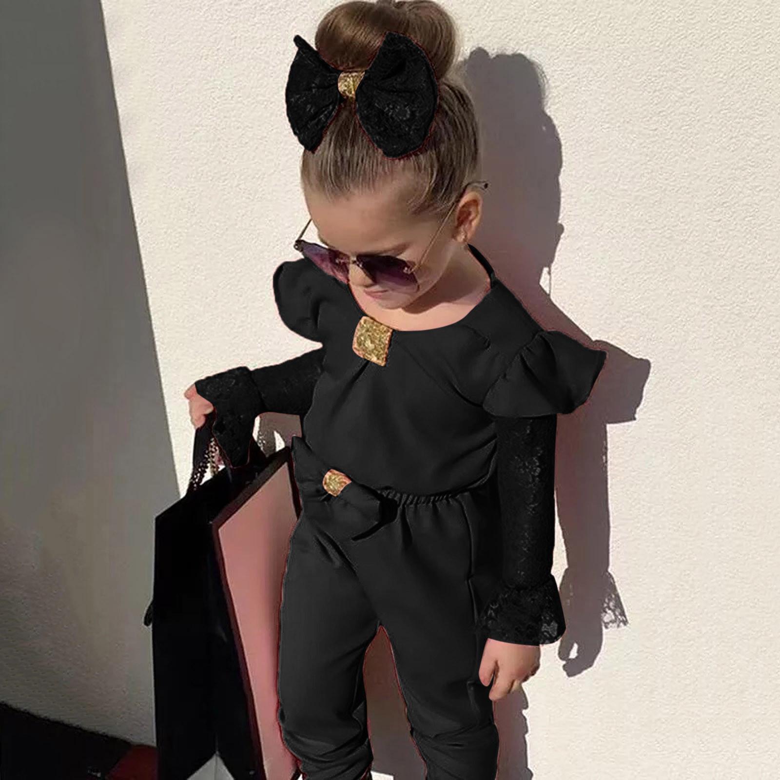 

(СУ)Комплекти комбінезонів для маленьких дітей, дівчаток, мереживних розкльошених рукавів і бантів + ​​пов язки 110 чорний