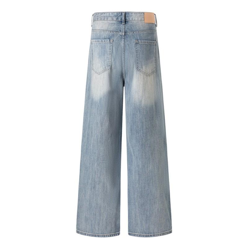 Mens Loose Straight Leg Jeans Distressed Washed Denim Pants Streetwear Punk Style Wide Trousers