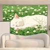 Cat In Meadow Polyester Tapestry, White Sleeping Cat Wall Hanging For Bedroom Living Room Office Decor Gift