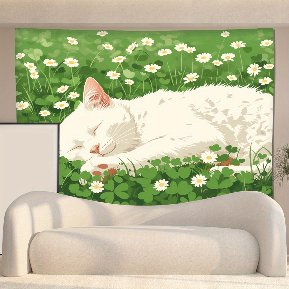 Cat In Meadow Polyester Tapestry, White Sleeping Cat Wall Hanging For Bedroom Living Room Office Decor Gift