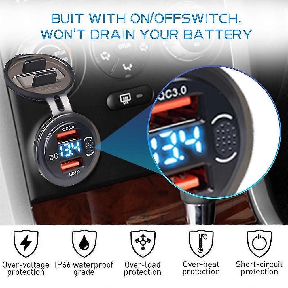 12V/24V Dual USB QC3.0 Outlet Car Charger USB Lighter Socket Waterproof With LED Voltmeter ON/Off Switch Quick Charge Adapter Car Accessories