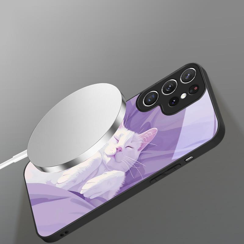 Cute White Flower Cat For Samsung S26 S20Ultra S21 Pro S22 Plus S23 FE S24 Ultra S25 For Magsafe Edge Glass Phone Case
