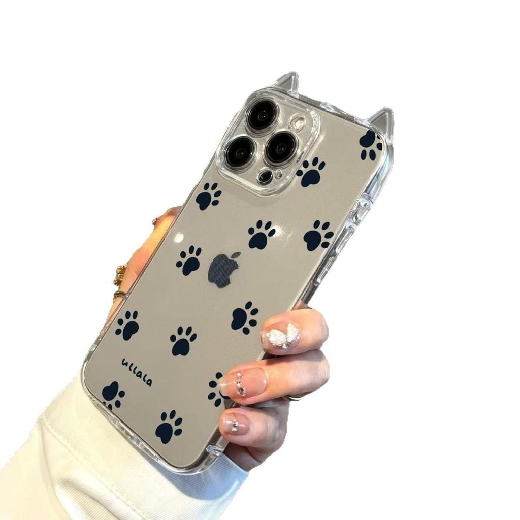 Cute full screen paw print suitable for Apple 17Promax mobile phone case cat ears IP16 transparent Air anti-drop 15/14