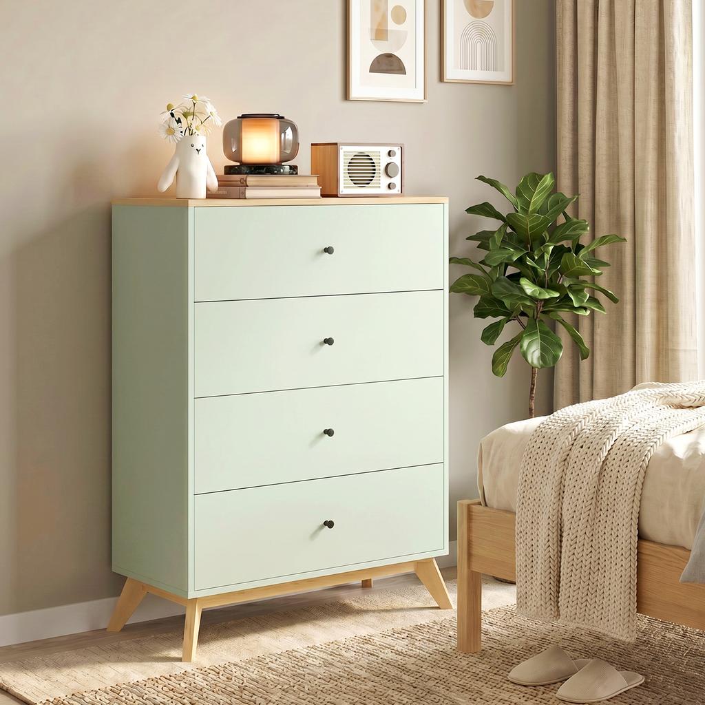 4 Drawer Storage Cabinet, Chest of Drawers for Bedroom Living Room, Light Green and Oak