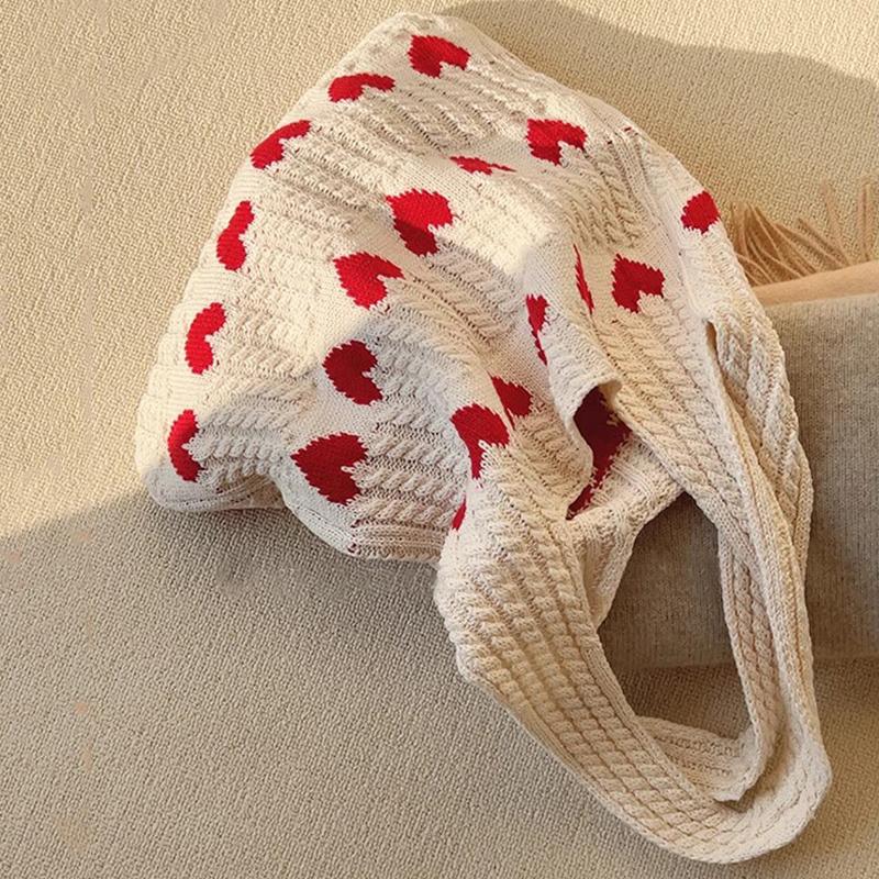 Knitted Love Pattern Tote Bag Stylish Woven Handbag Shoulder Bag for Women Party Work Travel Underarm Bag Outdoor