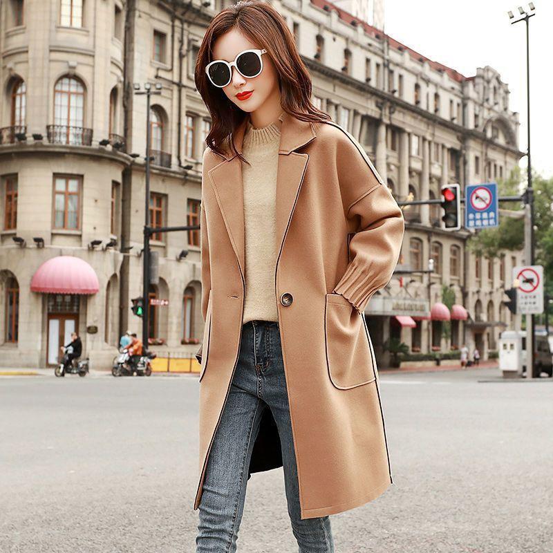 Womens Oversized Wool Blend Coat Medium-Length Loose Fit Chic Korean Style