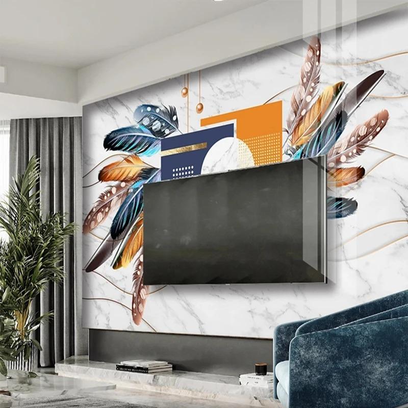 Colorful Feather 3d Mural Butterfly Marble Wallpaper For Bedroom Living Room Tv Wall Paper Home Decor