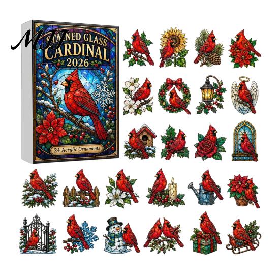 Bird Themed Hanging Ornaments Acrylic Christmas Advent Calendar Box with 24 Ornaments, Desktop Display Festive Countdown Decoration for Home