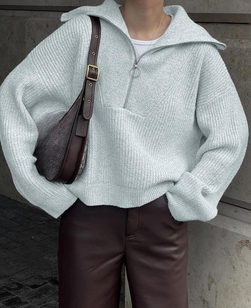 Women Vintage V-Neck Knit Pullover Sweater Long Sleeve Big Lapel Loose Casual Knitted Tops Autumn Winter Simple Fashion Kniwear Clothing