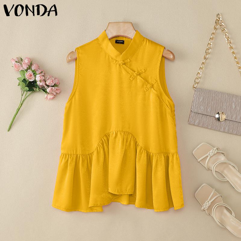 VONDA Women Chinese Style Sleeveless Irregular Ruffled Glitter Casual Tank Tops