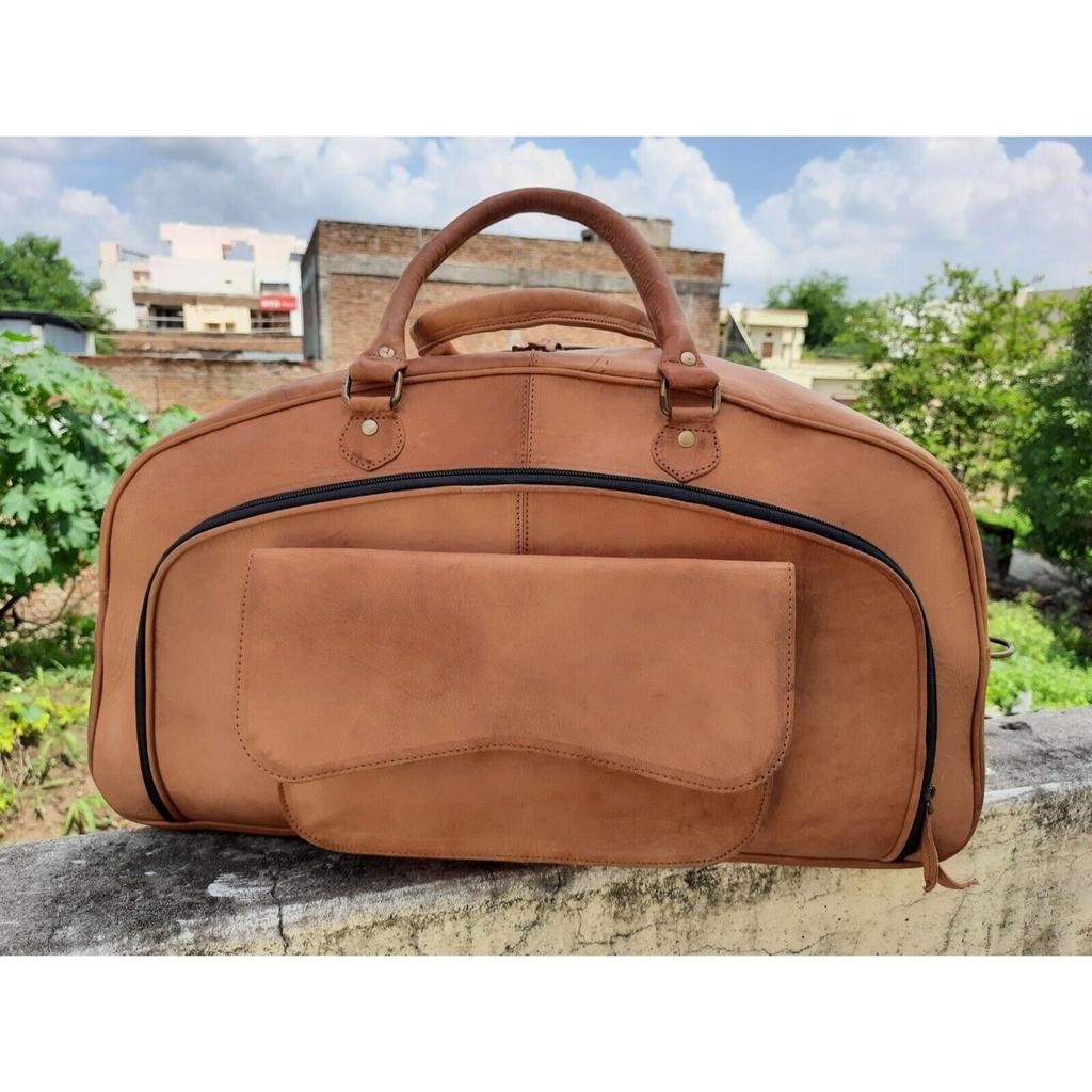 Men Brown Vintage Real Travel Luggage Duffle Gym Bags Tote Goat Leather