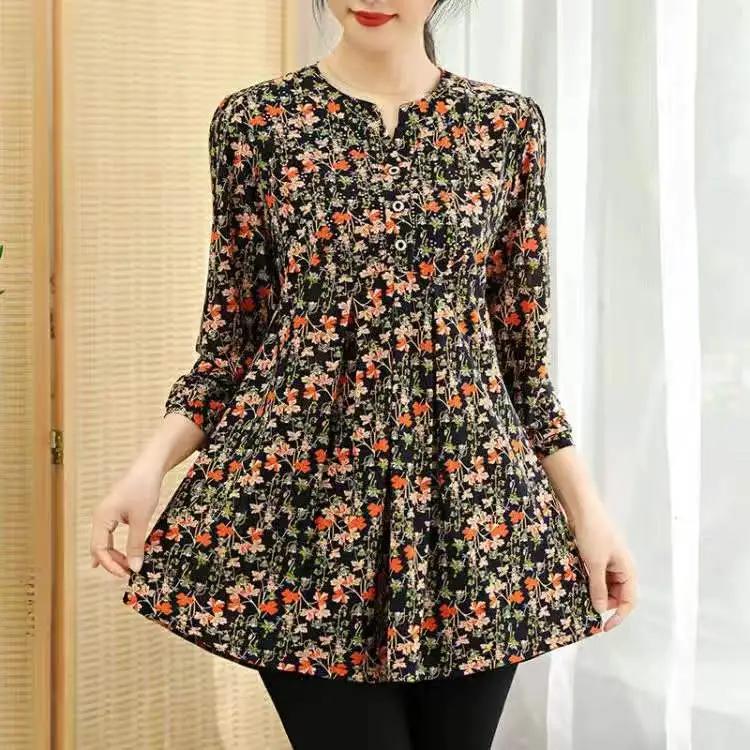 Women's Spring and Summer Loose Printed Daily Tops Middle-aged and Elderly Seven-minute Sleeve Comfortable Pullover Tops