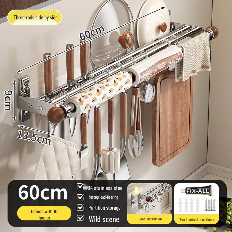 Wall-Mounted Multi-Functional Kitchen Rack: Knife Holder, Pot, Spatula & Spoon Storage, Punch-Free Installation