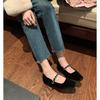 Sheepskin Version~ 2025 New Leather Rhinestone Velvet Mary Jane Shoes Women's Spring Square Head One-word Buckle Strap Single Shoes Ladyshoes