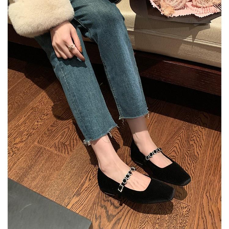 Sheepskin Version~ 2025 New Leather Rhinestone Velvet Mary Jane Shoes Women's Spring Square Head One-word Buckle Strap Single Shoes Ladyshoes