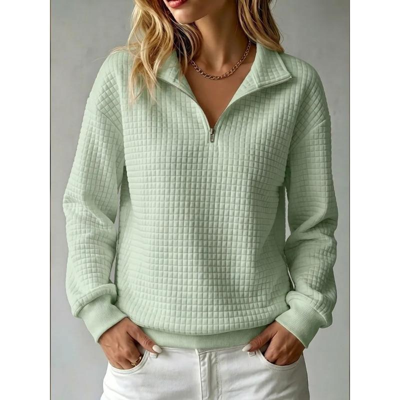 Women S Loose Fit Waffle Solid Color Stand Collar Zip Up Long Sleeve Sweatshirt