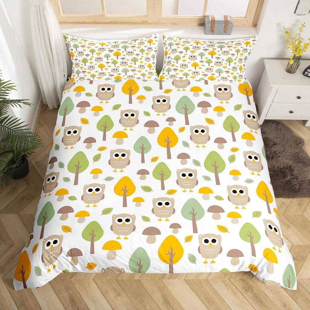 Kids Cartoon Garden Bed Set Cute Owls Comforter Cover, Chic Tree Butterfly Duvet Cover Full Queen White Daisy Floral Bedding Set