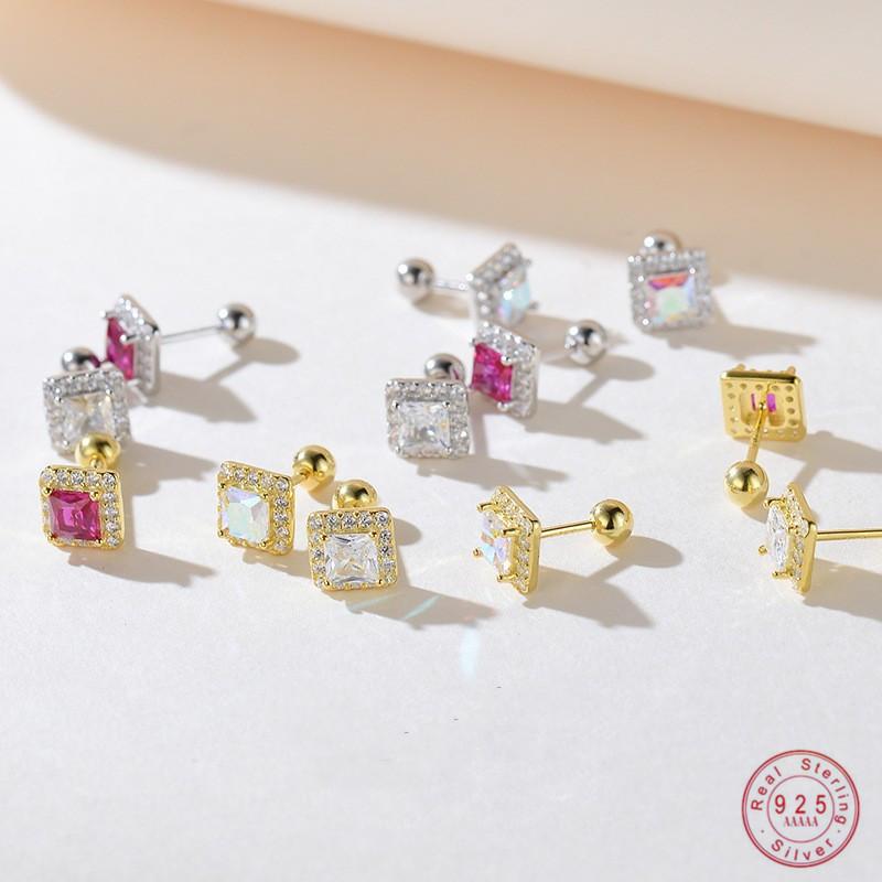 925 Sterling Silver Pavé Shiny Zircon Geometric Square Stud Earrings for Women Stylish Simple Everyday Jewelry Accessories