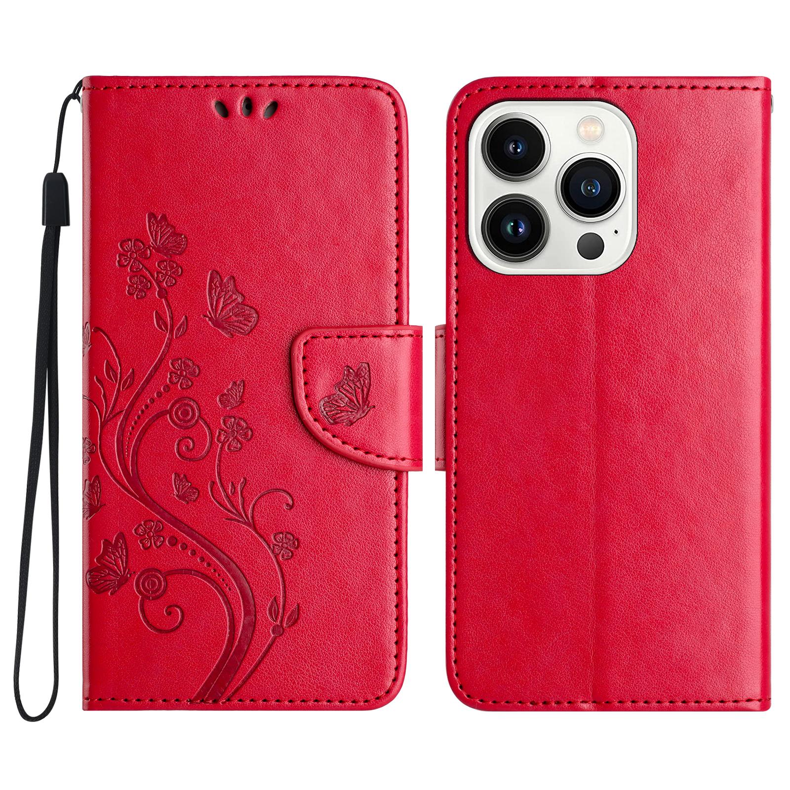 

For iPhone 16 Pro Max Leather Case Butterflies Flower Pattern Wallet Stand Phone Cover Red