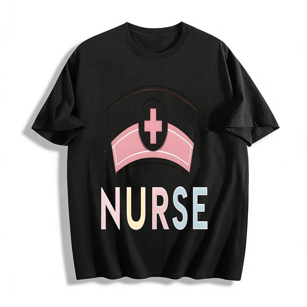 

Pastel Nurse Hat Print Casual Top For Medical Workers Pure cotton T-shirt XXS