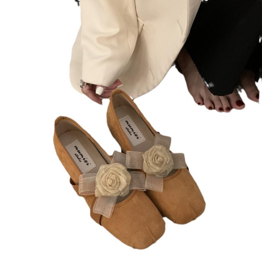 Square head sweet flower princess shoes French sweet flat bottom shallow mouth single shoes fashion versatile elastic band ballet shoes