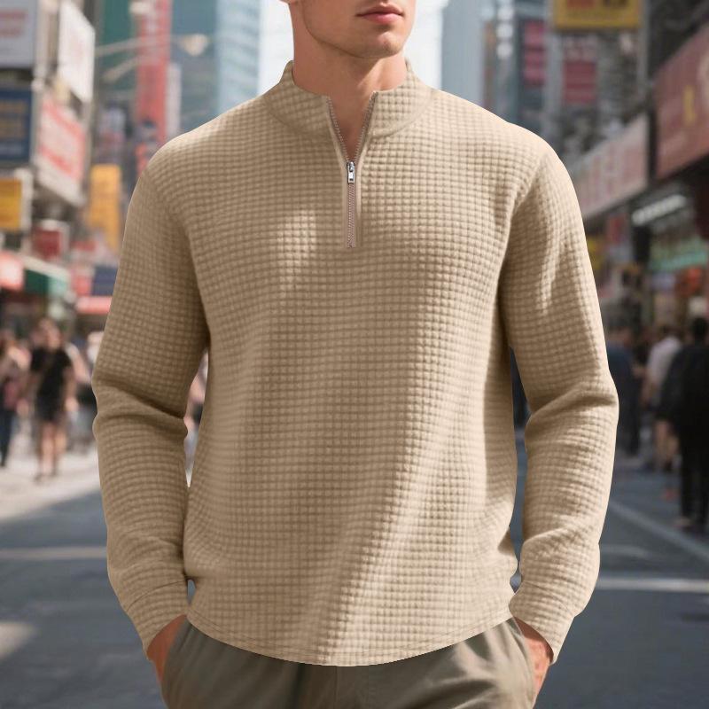 Automne/Hiver Minimaliste Décontracté Homme Coupe Ample Jacquard Col Montant Demi-Zip Sweat-shirt Couche de Base