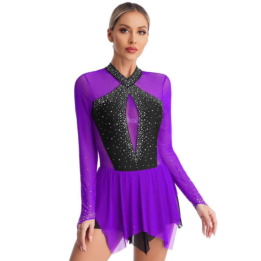 Kadın Parlak Rhinestone Buz Pateni Ritmik Jimnastik Lirik Dans Kostümü Uzun Kollu Leotard Elbise