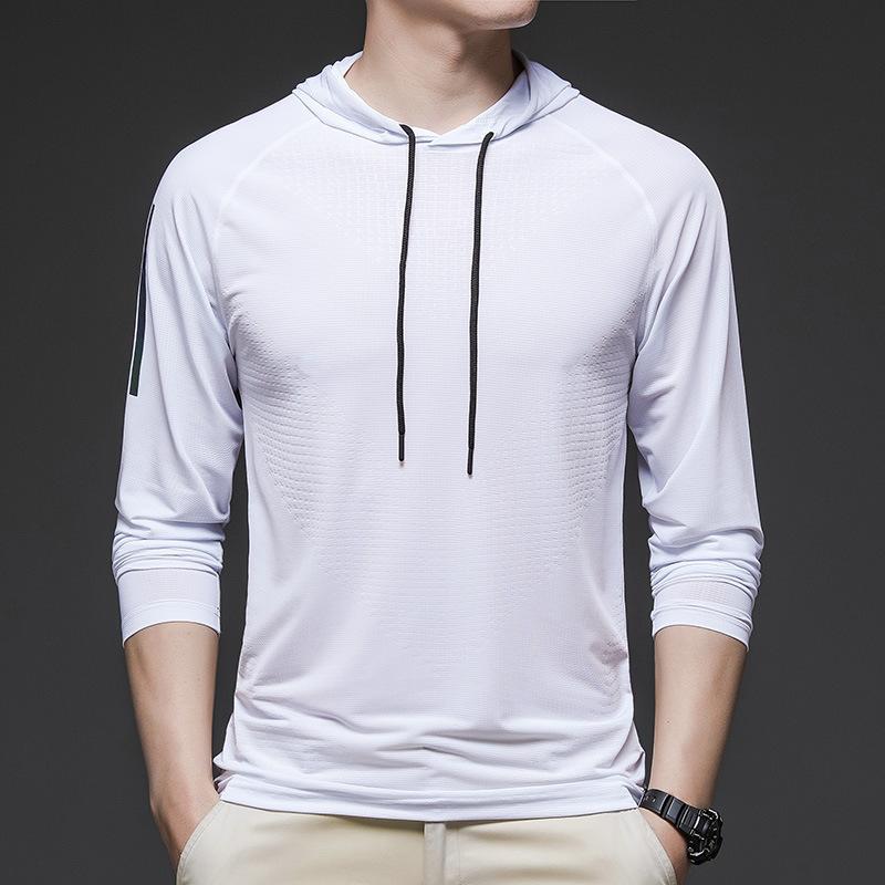 

Breathable Men Sweatshirt Elastic T-shirt Quick Dry Jogger Sports Fitness T-Shirts Mens Top Long Sleeve Sports Hooded T-shirt S білий