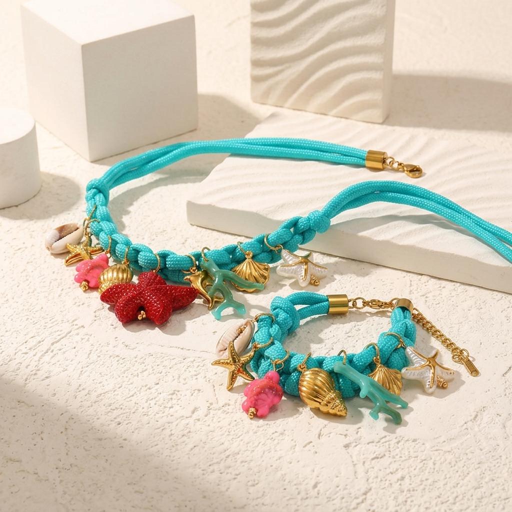Summer Fashion DIY Shell Necklace 18K Gold Plated Waterproof Stainless Steel Jewelry Set for Gift & Party