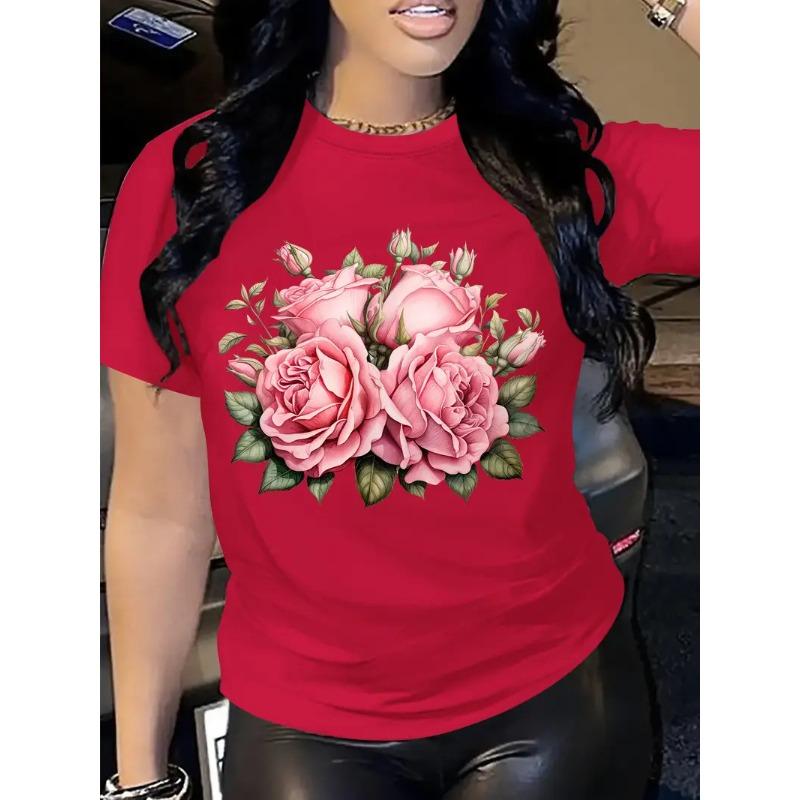 Sommar Rundhalsad 3D Rosmönstrad Topp Trendiga Casual Kortärmade T-shirts för Kvinnor