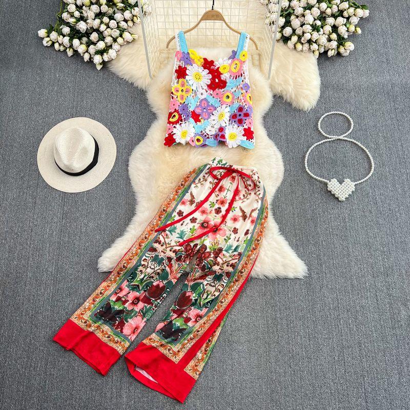

Seaside Holiday Cut Out Crocheted Flower Color Lace Sling Vest Two-Piece Set Ethnic Style Retro High Waist Loose Pants Color S