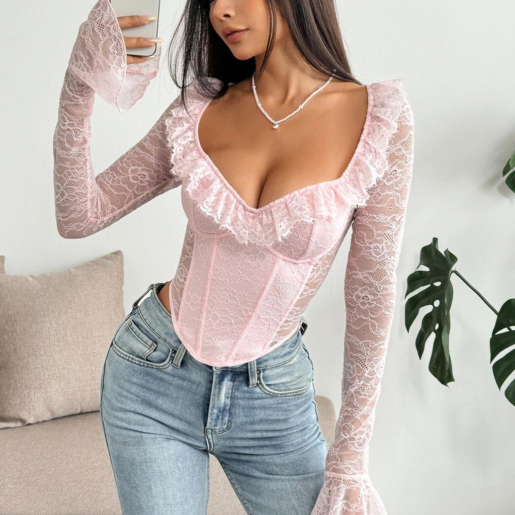 Ladies' Spring Slim Fit Elastic Lace Steel Ring Fishbone Top