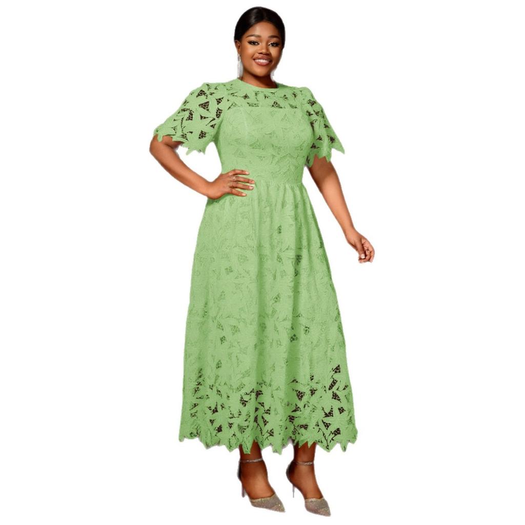 Plus Size Dames Elegante Kant Midi Jurk, Ronde Hals Uitgesneden Taille Ingesnoerd Feest Cocktail Avondjurk