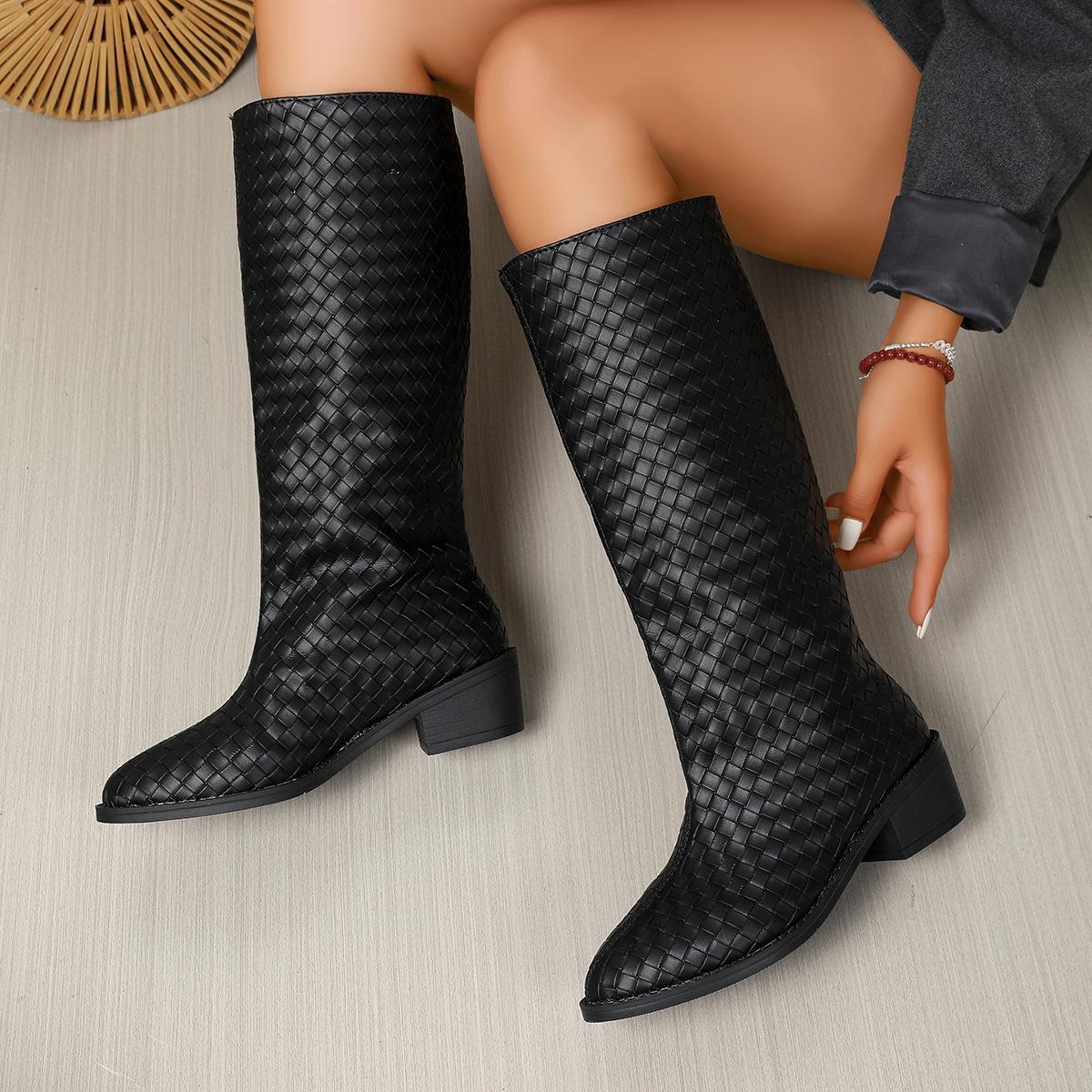 

Женские ботинки 2025 года, новые, с острым носком, на толстом каблуке, с низким каблуком и длиной до колена 36 чёрный