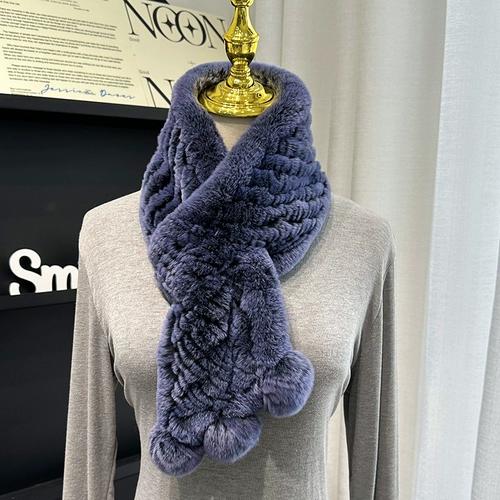 Korean Real Rex Rabbit Fur Whole Leather Woven Scarf Double-sided Thickened Warm Scarf Cute Ball Fur Collar Children