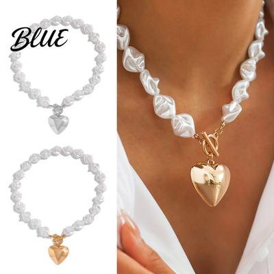 Irregular Faux Pearls Necklace Heart Pendant Clavicle Bracelet Glossy Finish
