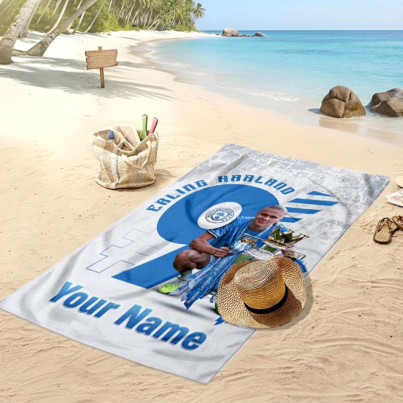 Erling Haaland Personalized Printed Beach Towel Soccer Logo Support Custom Name Text Absorbent Towel For Sport Travel Special Gift