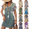 Kurzarm Damenkleid Lässige Kleider Mit Taschen V-Ausschnitt Urlaubs Boho Strand Sommerkleid
