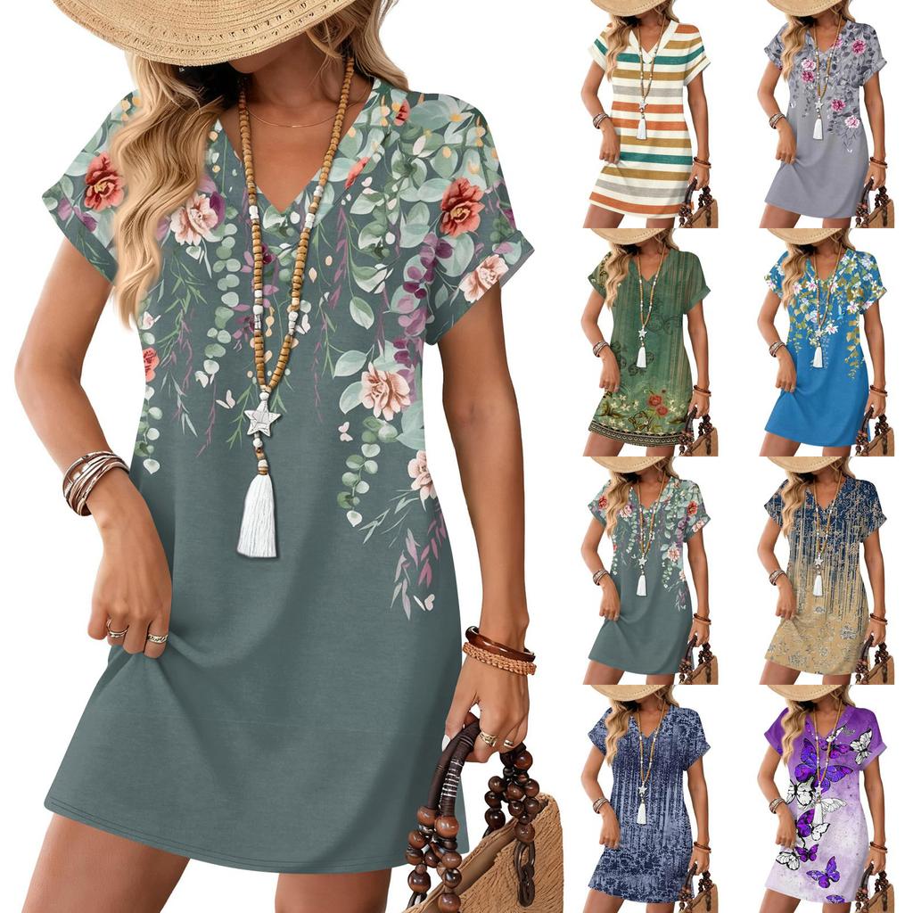 Kurzarm Damenkleid Lässige Kleider Mit Taschen V-Ausschnitt Urlaubs Boho Strand Sommerkleid