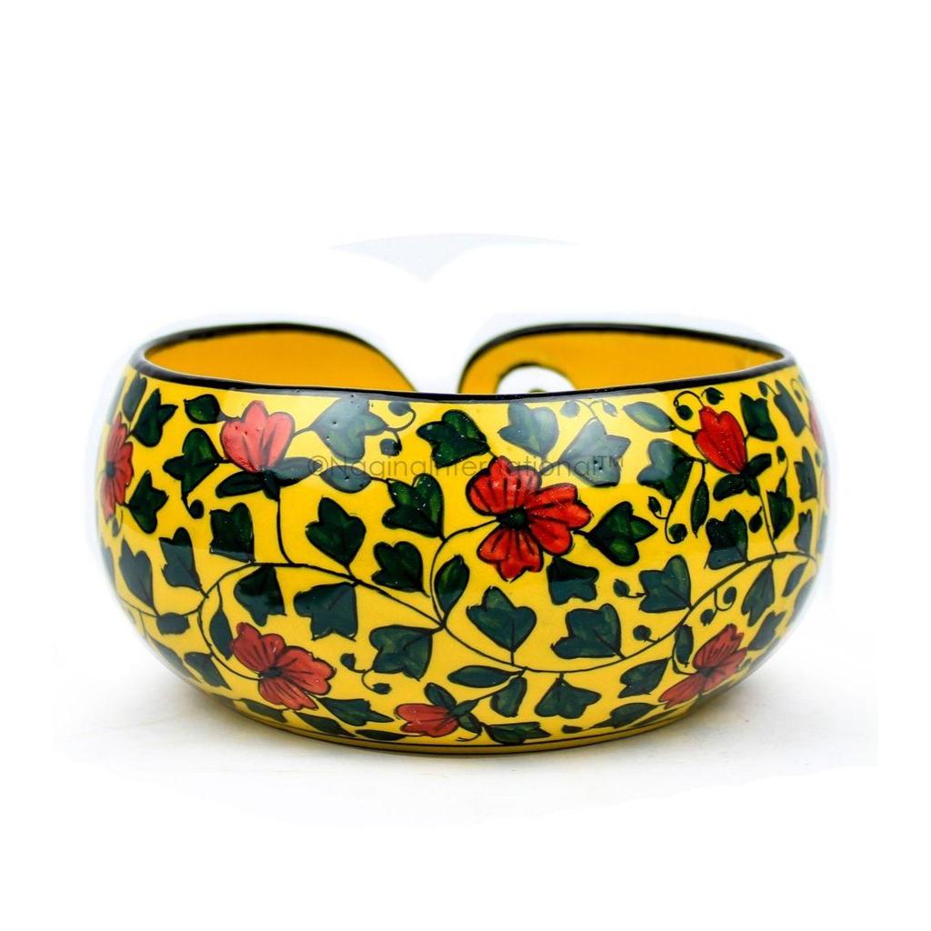 Ceramic Attractively Hand Painted Gorgeous Stoneware Yarn Ball Storage Bowl with Innovative Dispensing Curl (Medium, Yellow Shrubs)