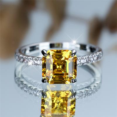 Charm Female Pink Yellow Stone Square Ring Silver Color Cute Gift Wedding Jewelry For Women