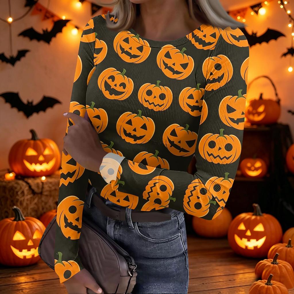 Women's Casual Long Sleeve Ribbed Halloween Print Top Crew Neck Stretchy Slim Fit Lightweight Shirt