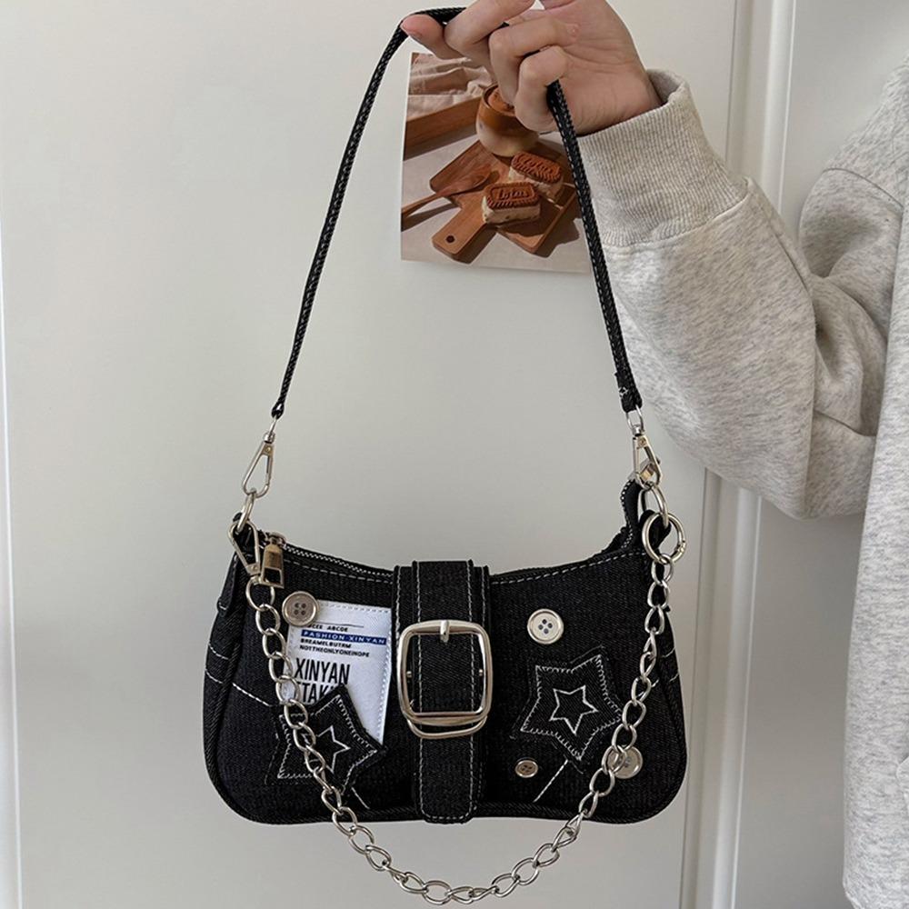 

Y2K Stars Denim Shoulder Bag Chain Denim Crossbody Bag Casual Crescent Bag Lady чёрный