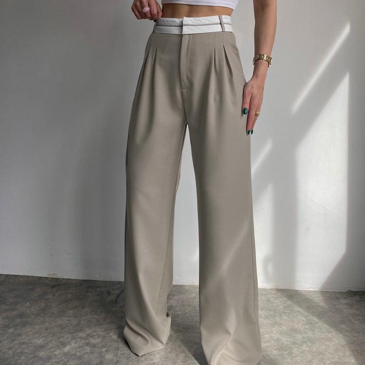 Elegant Loose Gray Office Women Pants Fashion High Waist Straight Trousers Casual Chic Spliced Full Length Female Pants