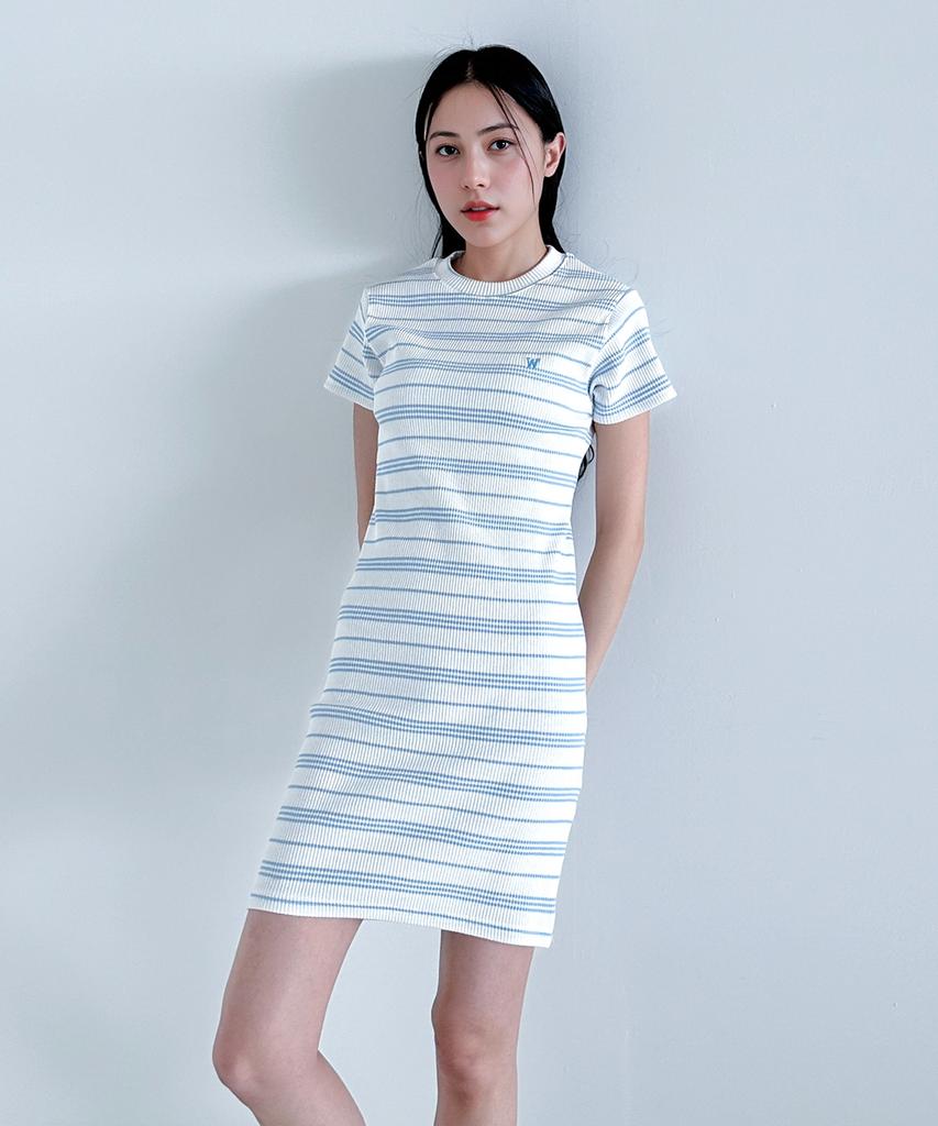 Wise Round Striped Short Sleeve Dress (Sky Blue)