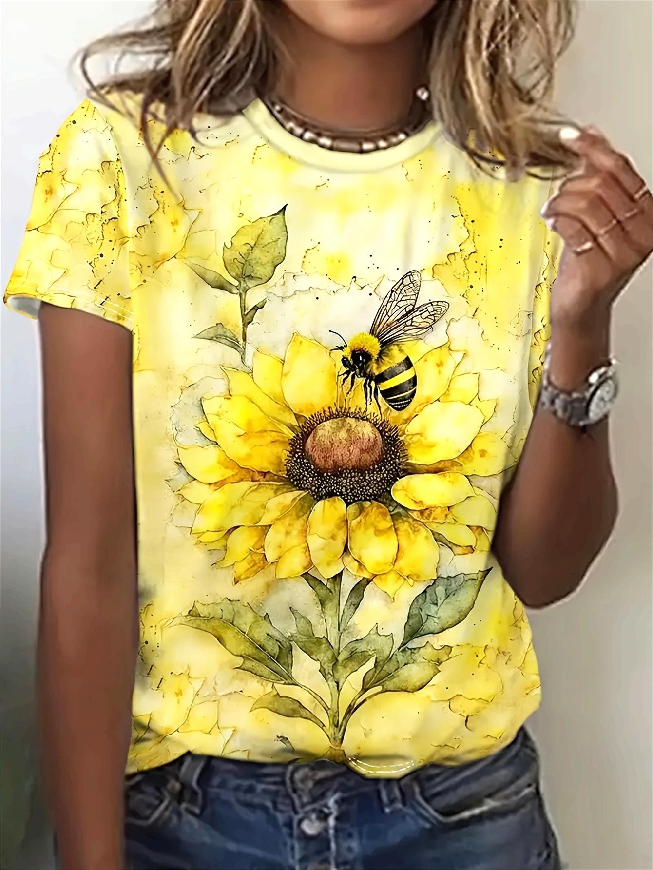 

Women s Casual Short Sleeve T-Shirt - Vibrant Sunflower ; Bee Print. Soft Breathable Fabric. Machine Washable. Regular Fit for Casual Attire. Cute T S L дубильна кора
