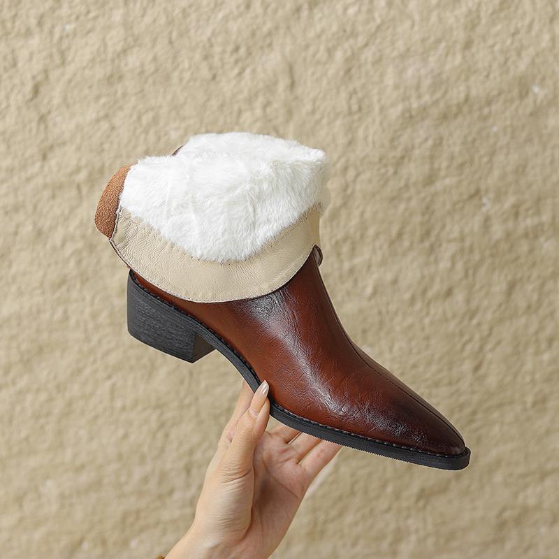 Krazing Pot Cow Split Skin Autumn Winter Shoes Wool Chunky Heels Size 43 Size 42 Pointed Toe Gradient Color Zip Fur Ankle Boots