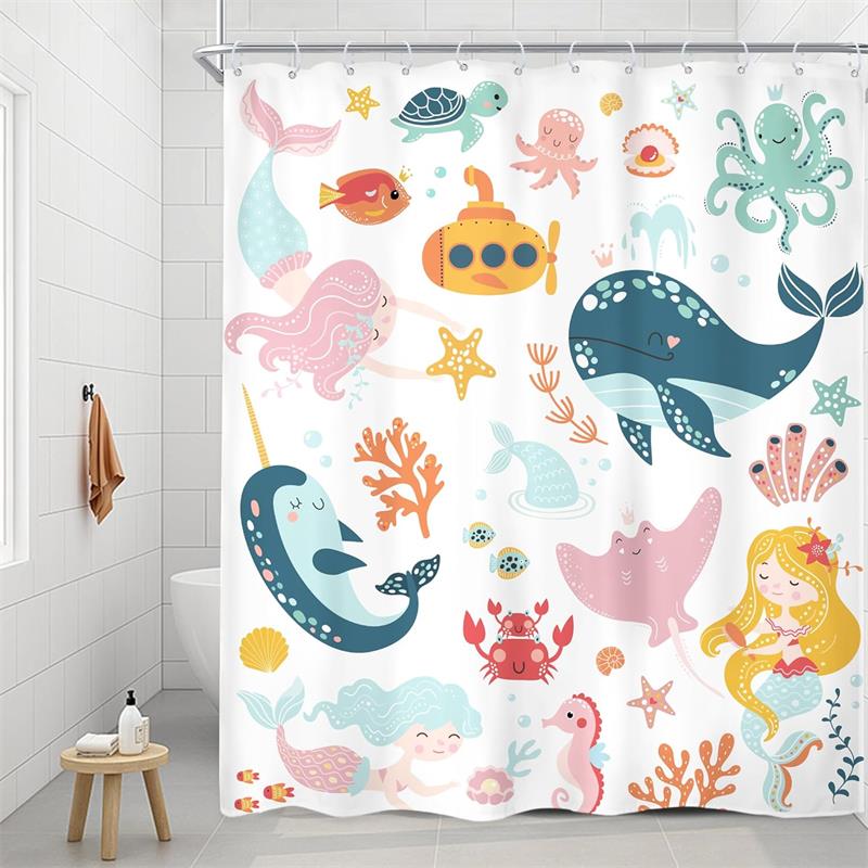 Funny Bathing Cat Dog Cartoon Shower Curtains Dolphin Octopus Sea Turtle Starfish Ocean Animals Bath Curtain Kids Bathroom Decor