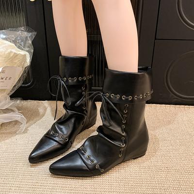 Wildleder Spitzzehen-Stiefeletten Kordelzug-Design Plissee Mode Höhenverstärkende Damenstiefel Western Cowboy-Stiefel 2025