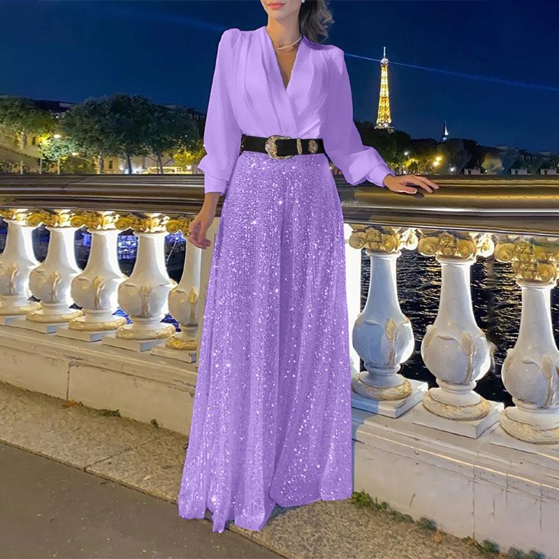 Pailletten-Taillenkleid V-Ausschnitt Langarm Mode Damen Hose Weites Bein Französisch für Frühling Herbst